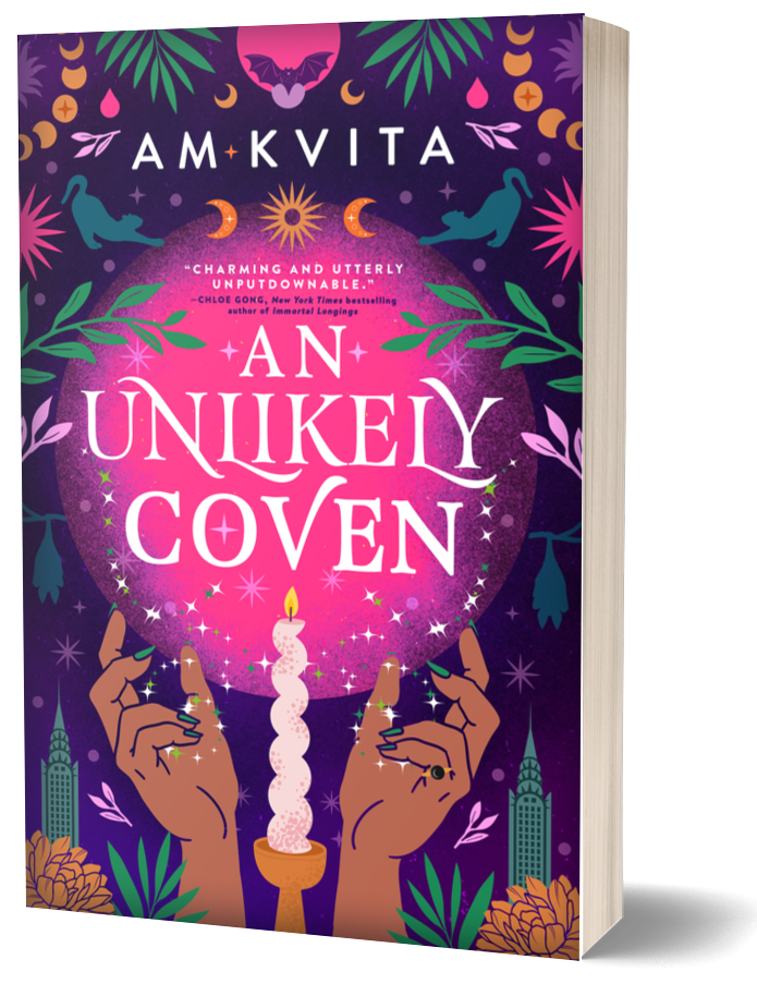 The cover for AM Kvita's AN UNLIKELY COVEN, done in pinks and purples. Two hands reach upward. flowers, vibes, cats, moons, and leaves edge the image